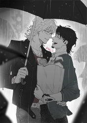 2boys arm_around_waist bag barnaby_brooks_jr. belt belt_buckle buckle closed_eyes collarbone commentary_request cowboy_shot crew_neck facial_hair food glasses goatee greyscale groceries grocery_bag highres holding holding_bag holding_umbrella jacket kaburagi_t._kotetsu lapels looking_at_another male_focus medium_hair monochrome multiple_boys open_mouth pants paper_bag people profile rain rimless_eyewear shirt shirt_tucked_in shopping_bag smile standing teeth tiger_&amp;_bunny tkg_ji twitter_username umbrella yaoi