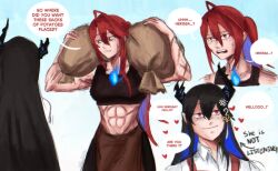 Rule 34 | 2girls, abs, absurdres, asymmetrical horns, black hair, blue fire, blue hair, blush, carrying, colored inner hair, demon horns, elizabeth rose bloodflame, english text, fire, highres, hololive, hololive english, horns, long hair, mole, mole under eye, multicolored hair, multiple girls, muscular, muscular female, nerissa ravencroft, red eyes, red hair, renshifter, sack, scar, scar on arm, toned, toned female, two-tone hair, uneven horns, virtual youtuber, yuri