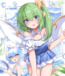 2girls absurdres bare_shoulders blue_dress blue_eyes blue_hair blush bow breasts cirno commentary daiyousei detached_collar dress fairy fairy_wings frilled_dress frills green_hair hair_bow highres ice ice_wings long_hair looking_at_viewer multiple_girls side_ponytail small_breasts smile top-exerou touhou wings