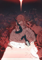 1girl box cake child closed_mouth dark_room doll dress flower food frilled_dress frills gift gift_box gun hair_between_eyes holding holding_gun holding_weapon kazutake_hazano long_hair long_sleeves looking_at_viewer messy_room no_legwear on_floor original rabbit red_eyes red_hair sitting solo weapon white_dress