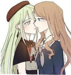 2girls bang_dream! bang_dream!_it&#039;s_mygo!!!!! black_capelet blue_eyes blue_shirt blush brown_hair capelet commentary eye_contact french_kiss green_hair grey_neckerchief hashtag-only_commentary hat highres kira_reader kiss long_hair long_sleeves looking_at_another mortis_(bang_dream!) multiple_girls nagasaki_soyo neckerchief red_hat school_uniform shirt simple_background tongue tongue_out tsukinomori_school_uniform wakaba_mutsumi white_background yellow_eyes yuri