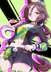 1girl :d animal_ears belt black_jacket black_shorts breasts brown_hair cleavage crop_top grin hair_over_one_eye highres horse_ears horse_girl horse_tail jacket long_hair looking_at_viewer midriff navel omochishiki open_mouth ponytail shirt shorts smile solo stopwatch stopwatch_around_neck tail teeth umamusume vodka_(umamusume) yellow_eyes yellow_shirt