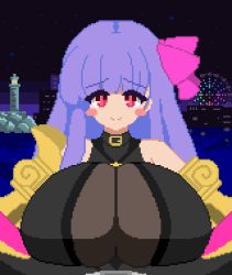 1boy 1girl animated blush breasts collar fate/grand_order fate_(series) gensin hetero large_breasts lowres paizuri paizuri_under_clothes passionlip_(fate) pixel_art purple_hair red_eyes smile