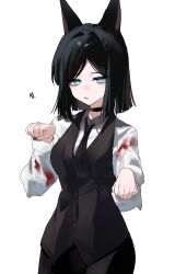 1girl absurdres animal_ears black_choker black_hair black_necktie black_pants black_vest blue_eyes breasts choker danbal dog_ears dog_girl highres looking_at_viewer medium_breasts medium_hair necktie novelpia pants shirt simple_background solo vest white_background white_shirt