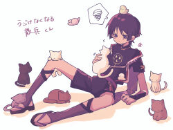 1boy absurdres animal animal_in_clothes animal_on_head arm_support armor bird bird_on_head black_bodysuit black_cat black_hair black_kimono black_sandals black_shorts black_sleeves blunt_ends bodysuit brown_cat cat cat_on_person closed_mouth furisode genshin_impact grey_cat grey_leggings highres holding holding_animal holding_cat japanese_armor japanese_clothes jewelry juban kimono knee_up kote kurokote leggings light_blush looking_at_animal male_focus mandarin_collar mitsudomoe_(shape) multicolored_hair neck_ring nero_hanken o-ring on_head open_clothes open_kimono petting purple_eyes purple_hair purple_rope purple_sash purple_sleeves red_kimono red_sash rope sandals sash scaramouche_(genshin_impact) sepia shimenawa shorts solo spoken_squiggle squiggle stirrup_legwear streaked_hair tassel toeless_legwear toes tomoe_(symbol) too_many too_many_cats translation_request white_cat white_kimono white_rope zouri