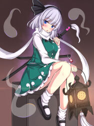 1girl adapted_costume aura bare_legs black_hairband black_shoes blue_eyes blunt_bangs blush breasts brown_background eyelashes full_body green_skirt green_vest hairband hand_up highres hitodama hitodama_print holding holding_lantern katana konpaku_youmu lantern long_sleeves looking_at_viewer mary_janes medium_breasts medium_hair open_mouth purple_aura rimasu71 scarf sheath sheathed shirt shoes sitting skirt skirt_set socks solo sword touhou vest wakizashi weapon white_hair white_scarf white_shirt white_socks