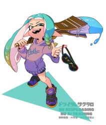 1girl 39_uxue aqua_hair commentary_request full_body gradient_hair grey_hoodie holding holding_weapon hood hoodie ink inkling inkling_girl inkling_player_character long_hair looking_at_viewer multicolored_hair nintendo octobrush_(splatoon) paint pointy_ears print_hoodie shoes smile solo splatoon_(series) splatoon_3 standing tentacle_hair two-tone_hair watermark weapon white_background