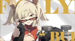 1girl ;p absurdres adjusting_eyewear bare_shoulders blonde_hair burnice_white character_name china_dress chinese_clothes cleavage_cutout clothing_cutout detached_sleeves dress glasses highres holding holding_removed_eyewear horns looking_at_viewer looking_over_eyewear mindscape_cinema_(zenless_zone_zero) official_art one_eye_closed orange-tinted_eyewear orange_eyes red_dress red_eyes sleeveless sleeveless_dress sleeves_past_wrists smile solo sunglasses tinted_eyewear tongue tongue_out twintails unworn_eyewear upper_body zenless_zone_zero