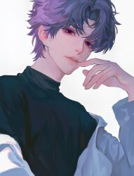 1boy black_shirt eyelashes hand_on_own_cheek hand_on_own_face highres jacket jacket_partially_removed lips long_sleeves love_and_deepspace male_focus messy_hair parted_bangs parted_lips pink_eyes pink_lips purple_hair rafayel_(love_and_deepspace) shirt short_hair simple_background solo tanxianjia_xiaomao teeth turtleneck turtleneck_shirt upper_body upper_teeth_only white_background white_jacket