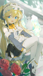 1girl absurdres apron black_dress blonde_hair blue_eyes blurry blurry_background boots bow bowtie coria detached_sleeves dress flower highres long_hair long_sleeves looking_at_viewer maid maid_apron maid_headdress open_mouth original pantyhose red_flower red_rose rose sitting sitting_on_stairs smile stairs twintails very_long_hair white_apron white_boots white_pantyhose yellow_bow yellow_bowtie