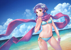 Rule 34 | 1girl, beach, bikini, breasts, cloud, commentary request, day, horizon, idolmaster, idolmaster million live!, looking at viewer, makabe mizuki, navel, ocean, open mouth, outdoors, purple hair, scarf, senda satoru, short hair, side-tie bikini bottom, small breasts, solo, swimsuit, water, yellow eyes
