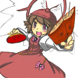 1girl :d alternate_hair_color bad_id bad_pixiv_id blush_stickers brown_hair cap105 dress eel female_focus fish fish_(food) food foreshortening hand_fan hat holding lowres meat mystia_lorelei open_mouth paper_fan pink_eyes short_hair smile solo touhou uchiwa wings