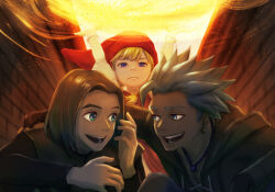 1girl 2boys aqua_eyes arm_around_shoulder arms_up bead_necklace beads blonde_hair blue_eyes blue_hair blunt_bangs bracelet braid brown_gloves brown_hair camus_(dq11) commentary_request dragon_quest dragon_quest_xi dress earrings energy_ball eye_contact fingerless_gloves floating_clothes floating_hair gloves gold_earrings hat hero_(dq11) hoop_earrings imminent_attack jewelry looking_at_another low_twin_braids lying magic medium_hair multiple_boys necklace on_stomach open_mouth parted_hair popon_(user_eaem5325) purple_eyes red_dress red_hat spiked_hair teeth twin_braids unamused veronica_(dq11) white_dress