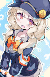 1girl aoba_(blue_archive) armband blonde_hair blue_archive blue_hair blue_jacket bow bowtie breasts collarbone hat highres jacket long_hair looking_at_viewer omochishiki open_mouth orange_bow orange_bowtie peaked_cap pleated_skirt red_eyes skirt small_breasts solo