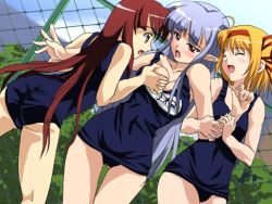 00s 3girls ahoge arm_grab blue_hair blush breasts chain-link_fence cleavage closed_eyes day dutch_angle female_focus fence fuyou_kaede grabbing_another&#039;s_breast groping hairband large_breasts lisianthus long_hair multiple_girls name_tag nerine one-piece_swimsuit open_mouth orange_hair outdoors pointy_ears red_hair sanshita school_swimsuit short_hair shuffle! swimsuit thigh_gap thighs very_long_hair yuri