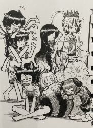 Rule 34 | +++, 6+girls, :3, anger vein, animal ears, animal print, asymmetrical wings, barefoot, bishamonten&#039;s spear, capelet, closed eyes, closed mouth, dog ears, dog girl, dog tail, dress, futatsuiwa mamizou, glasses, gradient hair, greyscale, grin, hagoromo, highres, hijiri byakuren, holding, holding polearm, holding weapon, houjuu nue, kasodani kyouko, kumoi ichirin, leaf, leaf on head, long hair, monochrome, mouse ears, mouse girl, mouse tail, multicolored hair, multiple girls, murasa minamitsu, nazrin, open mouth, photo (medium), polearm, raccoon ears, raccoon girl, raccoon tail, shawl, shirt, short hair, shorts, sitting, sitting on shoulder, smile, spoken anger vein, streaked hair, suteruko, tail, tail wagging, tiger print, toramaru shou, touhou, traditional media, very long hair, weapon, wings