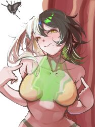 Rule 34 | 1girl, absurdres, bikini, black hair, boku no hero academia, breasts, cosplay, green bikini, hagakure toru, hagakure toru (cosplay), highres, hololive, hololive english, large breasts, long hair, looking at viewer, multicolored hair, pointing, pointing at self, shiori novella, solo, split-color hair, swimsuit, trashcan223, two-tone hair, virtual youtuber, white hair, yellow eyes, yorick (shiori novella)