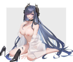 absurdres artist_name august_von_parseval_(azur_lane) august_von_parseval_(the_unhulde&#039;s_midday_respite)_(azur_lane) azur_lane black_choker black_shoes black_thighhighs blue_eyes blue_hair border breasts bright_pupils choker cleavage collarbone collared_shirt commentary_request cross cross_choker eyelashes feet full_body grey_background hair_intakes hair_over_one_eye hand_on_own_chest hand_up high_heels highres horns large_breasts large_variant_set long_bangs long_hair long_sleeves looking_at_viewer mechanical_horns naked_shirt navel nipples no_bra no_panties nude off_shoulder official_alternate_costume one_eye_covered outside_border parted_bangs parted_lips red_lips shirt shoes sitting straight_hair thighhighs toenails toes unworn_shoes variant_set very_long_hair wariza white_border white_pupils white_shirt xnnagu