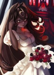 1girl black_forest_cookie bouquet bridal_veil brown_hair cherry cookie_run cookie_run:_kingdom cross-shaped_pupils dark-skinned_female dark_skin dress flower food fruit hair_between_eyes hair_intakes holding long_hair looking_at_viewer puffy_short_sleeves puffy_sleeves rayqqqw short_sleeves solo symbol-shaped_pupils veil wedding_dress white_dress white_eyes