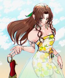 aerith_gainsborough aerith_gainsborough_(citric_dress) armlet bare_shoulders bracelet breasts brown_hair checkered_choker cleavage closed_mouth cloud cloudy_sky collarbone dress earrings final_fantasy final_fantasy_vii final_fantasy_vii_ever_crisis food-themed_earrings food_print food_themed_earrings fruit_print gold_footwear green_eyes green_ribbon hair_ribbon half_updo highres holding holding_footwear holding_shoes holding_unworn_clothes jewelry long_dress long_hair medium_breasts official_alternate_costume orange-shaped_earrings orange-shaped_ornament orange_print parted_bangs print_dress ribbon see-through_clothes see-through_skirt shinogu_r shoes side_slit sidelocks skirt sky smile strapless strapless_dress unworn_shoes upper_body wavy_hair
