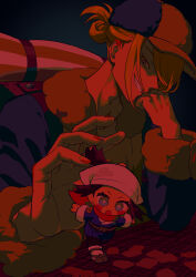 Rule 34 | 1boy, 1girl, akari (pokemon), backpack, bag, black shorts, blonde hair, blue background, blue coat, blue eyes, blue kimono, blush stickers, chibi, clenched hand, coat, elbow on table, elemoncake, evil grin, evil smile, facing to the side, fleeing, fur-trimmed coat, fur trim, grin, hair over one eye, hand on own chin, hand on own face, hat, head rest, headscarf, highres, japanese clothes, kimono, large hands, looking at another, mini person, nintendo, one eye covered, open clothes, open coat, open hand, open mouth, outstretched arms, pokemon, pokemon legends: arceus, ponytail, reaching, reaching towards another, red eyes, red scarf, scarf, shorts, size difference, smile, stuffed toy, tablecloth, volo (pokemon), white headscarf, yellow hat
