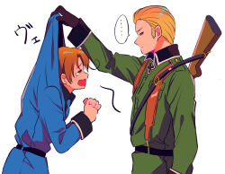 Rule 34 | ..., 2boys, ahoge, arm up, axis powers hetalia, belt, black belt, black gloves, black shirt, blonde hair, blue jacket, blue necktie, brown hair, buttons, closed eyes, closed mouth, collared jacket, collared shirt, cowboy shot, cross, germany (hetalia), gloves, green jacket, gun, hands up, holding, iron cross, jacket, lapels, long sleeves, male focus, military jacket, military uniform, multiple boys, necktie, northern italy (hetalia), open mouth, own hands together, pocket, sanamaru (sana79261827), shirt, short hair, simple background, spoken ellipsis, standing, tearing up, weapon, weapon on back, white background