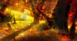 00 1girl autumn autumn_leaves blonde_hair blurry bug butterfly dress elf fantasy female_focus forest grass highres insect jewelry leaf light_particles long_hair looking_away looking_back nature original pendant pointy_ears scenery shadow solo staff texture tree walking white_dress wind