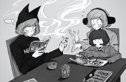 3boys absurdres aged_down animal_ears animal_hat book cat_hat chair child cigarette cigarette_holder english_text facial_mark fake_animal_ears fanning greyscale hat highres holding holding_book holding_cigarette imnotrlup luther_von_ivory male_focus manga_(object) meowing monochrome multiple_boys nyen_(randal&#039;s_friends) nyon_(randal&#039;s_friends) randal&#039;s_friends reading short_hair sitting smoke table whisker_markings