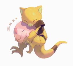 abra bluekomadori closed_eyes closed_mouth commentary cuddling english_commentary eyelashes gen_1_pokemon gen_5_pokemon holding holding_pokemon munna nintendo no_humans pokemon pokemon_(creature) simple_background sleeping smile white_background zzz