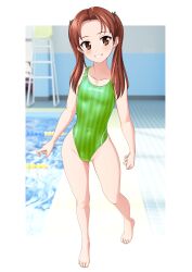 Rule 34 | 1girl, absurdres, breasts, brown eyes, brown hair, chair, commentary request, competition swimsuit, covered navel, full body, girls und panzer, green one-piece swimsuit, grin, groin, highleg, highleg one-piece swimsuit, highres, kadotani anzu, lifeguard chair, long sleeves, one-piece swimsuit, poolside, small breasts, smile, solo, striped clothes, striped one-piece swimsuit, swimsuit, takafumi, twintails, variant set, walking