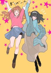 2girls :3 ^_^ arms_up bike_shorts_under_skirt black_hair black_socks blue_eyes blue_shawl blue_shirt blue_skirt blurry blush breasts brown_footwear brown_hair brown_skirt closed_eyes depth_of_field dot_nose emphasis_lines floating_hair flying_sweatdrops full_body grey_footwear hair_between_eyes hairband high_ponytail highres hino_akane_(idolmaster) holding_hands idolmaster idolmaster_cinderella_girls idolmaster_cinderella_girls_starlight_stage jumping large_breasts loafers long_hair long_sleeves looking_at_viewer medium_breasts midriff_peek multiple_girls niwaka_(niwakadeath) open_mouth pink_sweater plaid_clothes plaid_shawl ponytail sagisawa_fumika school_uniform shawl shirt shoes skirt sleeves_rolled_up smile socks star_(symbol) star_symbol_background sweater v-shaped_eyebrows white_hairband white_shirt yellow_background