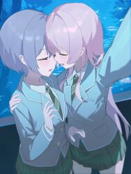 2girls absurdres after_kiss aquarium artist_request bang_dream! bang_dream!_it&#039;s_mygo!!!!! blush chihaya_anon chinese_commentary closed_eyes collared_shirt commentary_request commission green_necktie green_skirt grey_hair grey_jacket hand_on_another&#039;s_shoulder haneoka_school_uniform highres indoors jacket long_hair multiple_girls necktie pink_hair pleated_skirt saliva saliva_trail school_uniform second-party_source selfie shirt short_hair skirt takamatsu_tomori white_shirt yuri