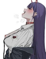 1girl absurdres akuma_nihmune akuma_nihmune_(1st_costume) breasts carrot_011 collar demon_girl demon_horns fang heart heart-shaped_pupils highres horns indie_virtual_youtuber jacket large_breasts long_hair looking_at_viewer open_mouth purple_hair solo symbol-shaped_pupils teeth tongue tongue_out upper_body virtual_youtuber