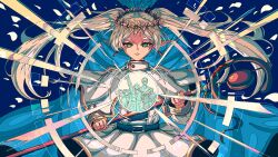 1girl 3boys absurdres artdroiiid_ii belt belt_buckle blue_background buckle capelet closed_mouth cowboy_shot earrings eisen_(sousou_no_frieren) elf floating_clothes floating_hair frieren green_eyes head_wreath heiter highres himmel_(sousou_no_frieren) holding holding_staff jacket jewelry long_hair mage_staff magic multiple_boys parted_bangs pointy_ears simple_background skirt smile solo_focus sousou_no_frieren staff teardrop_earrings twintails white_capelet white_hair white_jacket white_skirt