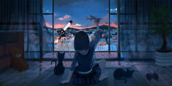 .l.l 1girl absurdres arm_up barefoot black_hair window_blinds butterfly_sitting cat city_lights cloud commentary_request controller couch curtains from_behind game_controller highres indoors lake long_sleeves model_airplane mountain mountainous_horizon night open_door original plant pleated_skirt potted_plant reflection rug scenery school_uniform serafuku short_hair sitting skirt sky sleeves_pushed_up sliding_doors solo stuffed_animal stuffed_toy teddy_bear telescope town twilight wooden_floor