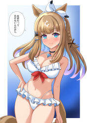 1girl absurdres almond_eye_(umamusume) animal_ears blush braid breasts brown_hair commentary_request hair_between_eyes hair_ornament hairband highres horse_ears horse_girl jewelry looking_at_viewer medium_breasts medium_hair navel necklace simple_background smile translation_request umamusume unicorndd123
