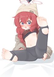 1girl :d absurdres beanie black_bra black_pantyhose blue_archive blue_eyes blush bra braid chinese_commentary clothes_lift full_body glyphsss grey_jacket halo hat highres jacket large_variant_set leg_up loli long_hair long_sleeves maki_(blue_archive) maki_(camp)_(blue_archive) navel no_pants open_mouth pantyhose red_hair red_halo red_sweater smile solo stirrup_legwear sweater sweater_lift thighband_pantyhose toeless_legwear underwear variant_set