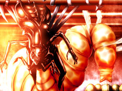 alien alien_(1979) alien_(1979) alien_(series) alien_queen asymmetrical_wings crossover egg egg_laying houjuu_nue industrial_pipe monster no_humans parody pregnant retro_artstyle shirosato slime_(substance) teeth touhou wings xenomorph