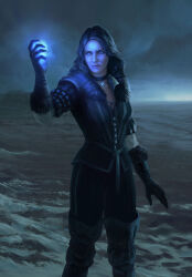 1girl absurdres anna_kurdziel arm_up black_choker black_gloves black_hair black_jacket black_pants choker gloves highres jacket long_hair magic mole mole_under_mouth outdoors pants purple_eyes signature solo the_witcher_(series) yennefer_of_vengerberg