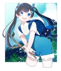 1girl aged_down animal_charm backpack bag bag_charm black_hair blue_bag blue_eyes blue_hair blue_overalls blurry blurry_background border bow branch cat_charm cevio charm_(object) cloud cloudy_sky collared_shirt colored_inner_hair commentary_request contrapposto cropped_legs fish_charm footwear_bow futaba_kominato futaba_minato hair_ornament hair_scrunchie holding holding_branch jewelry leaf long_hair looking_at_viewer mo_kiduti multicolored_hair open_mouth outside_border overall_shorts overalls randoseru scrunchie shirt short_sleeves sky smile solo swept_bangs teeth twintails upper_teeth_only white_border white_bow white_shirt