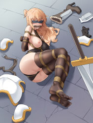 Rule 34 | 1girl, absurdres, armor, arms behind back, ass, bdsm, belt, bit gag, black gloves, black leotard, black thighhighs, blindfold, blonde hair, blush, bondage, boots, bound, bound ankles, bound arms, bound feet, bound legs, breastplate, breasts, brown belt, brown footwear, chinese commentary, commentary request, covered eyes, elbow gloves, feet, fur-trimmed boots, fur trim, furrowed brow, gag, gloves, gold trim, heart, high heel boots, high heels, highres, large breasts, leotard, long hair, lying, nipples, no shoes, on floor, on side, one breast out, original, restrained, rope, shibari, shibari over clothes, shoes, shoulder armor, skindentation, soles, solo, stone floor, sword, t zhonglang, thighhighs, toes, unworn armor, unworn shoes, weapon, white armor
