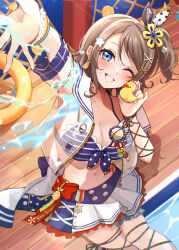 1girl absurdres bikini bird boat bow bracelet breasts brown_hair character_name cleavage duck earrings food frilled_thigh_strap from_behind front-tie_bikini_top front-tie_top fruit grey_hair hair_ornament hand_up highres innertube jewelry looking_at_viewer love_live! love_live!_sunshine!! mandarin_orange midriff name_tag navel ocean one_eye_closed outdoors ponytail pukonuu reaching ribbon rubber_duck sailor_collar see-through_clothes see-through_sleeves short_hair short_ponytail side_ponytail skirt smile solo splashing striped_clothes swim_ring swimsuit thigh_strap thighs toy watanabe_you water watercraft wavy_hair