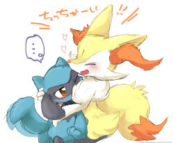 black_hair blush braixen closed_eyes furry gen_4_pokemon gen_6_pokemon hug nintendo open_mouth pokemon pokemon_(creature) riolu sidelocks simple_background tail tail_wagging wataboshi white_background