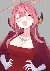 1girl absurdres aru_(blue_archive) aru_(dress)_(blue_archive) blue_archive blush breasts cleavage closed_eyes coat coat_on_shoulders dress earrings elbow_gloves gloves halo highres horns jewelry kafueore large_breasts long_hair necklace open_mouth pink_hair red_coat red_dress smile solo white_gloves