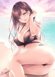 1girl :d aqua_eyes ass ayase_hazuki bare_arms bare_legs bare_shoulders beach bikini black_bikini black_hair blue_sky blush breasts cleavage cloud collarbone commentary_request day eyelashes fingernails halterneck hand_to_head highres horizon large_breasts long_fingernails long_hair looking_at_viewer lying multi-strapped_bikini ocean on_side open_mouth original outdoors ruffling_hair sand sidelocks sky smile solo string_bikini swept_bangs swimsuit thighs thong water