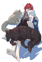 Rule 34 | 2girls, ange katrina, ange katrina (4th costume), animal, animal on lap, animalization, barefoot, black dog, black skirt, blue eyes, blue hair, blue shirt, blue skirt, cat, cerberus, closed eyes, closed mouth, coat, elmida, grey cat, grey shirt, hand on another&#039;s shoulder, highres, inui toko, invisible chair, knees up, lize helesta, lize helesta (4th costume), miniskirt, multicolored hair, multiple girls, nijisanji, on lap, petting, photo-referenced, pleated skirt, red hair, sailor collar, sanbaka (nijisanji), shadow, shirt, shirt tucked in, short hair, short sleeves, sitting, skirt, sleeping, sleeping animal, squeans, streaked hair, two-tone hair, virtual youtuber, white background, white coat, white hair, white sailor collar