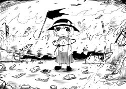1girl 6_9 commentary crying crying_with_eyes_open female_focus fire greyscale hat hat_ribbon komeiji_koishi long_sleeves monochrome nicetack ofuda reiuji_utsuho ribbon ruins sleeves_past_wrists solo tears third_eye touhou