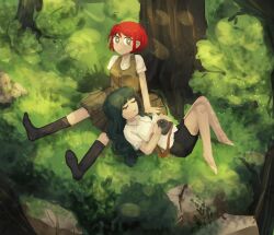 2girls absurdres against_tree barefoot black_shorts black_socks brown_eyes bush camera closed_eyes closed_mouth collared_shirt commentary danganronpa_(series) danganronpa_3_(anime) dress english_commentary eyelashes freckles grass green_dress green_hair highres holding holding_camera kneehighs koizumi_mahiru light_particles lily_(superkiiisa) long_hair lying multiple_girls no_shoes panties pinafore_dress red_hair rock satou_(danganronpa) shirt short_hair short_sleeves shorts sitting sleeveless sleeveless_dress smile socks tree twitter_username underwear very_short_hair white_panties white_shirt