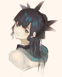 absurdres artemis_of_the_blue artist_name atelier_live black_hair blue_light blunt_bangs closed_mouth drowzzi from_side hair_ribbon highres hood hood_down hoodie looking_at_viewer looking_back looking_to_the_side mole mole_under_eye ponytail ribbon shark_fin shark_girl signature upper_body virtual_youtuber white_background white_hoodie
