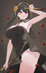 1girl absurdres armpits black_dress black_hair blood bloody_weapon breasts closed_mouth dagger dress dual_wielding earrings gold_hairband hairband highres holding holding_dagger holding_knife holding_weapon jewelry knife large_breasts pulchi red_eyes sidelocks smile solo spy_x_family stiletto_(weapon) weapon yor_briar